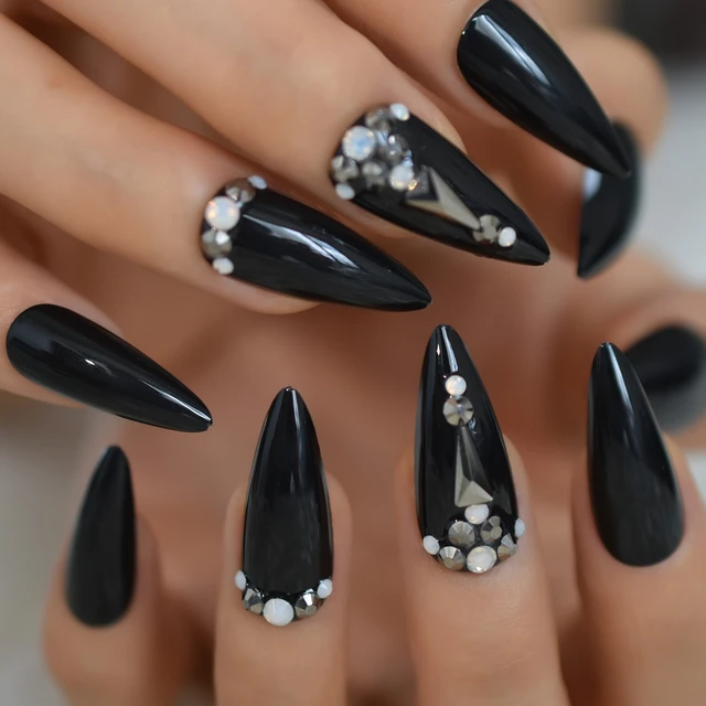 Uñas negras prediseñadas, piedras oscuras, puntiagudas, Stiletto largo,  puntas de uñas artificiales acrílicas, diamantes de imitación _ -  AliExpress Mobile