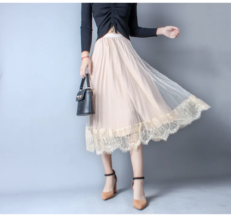 Белые газовые юбки с высокой талией для девочек Новинка года, двухцветная одежда кружевные женские плиссированные юбки элегантные юбки с пышной юбкой 8196