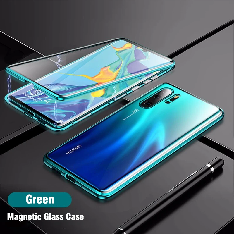 Магнитный абсорбционный металлический флип-чехол для телефона huawei P30 P30Pro P30Lite, двухстороннее закаленное стекло huawei P30 Pro Lite, сумка - Цвет: Green Double Glass