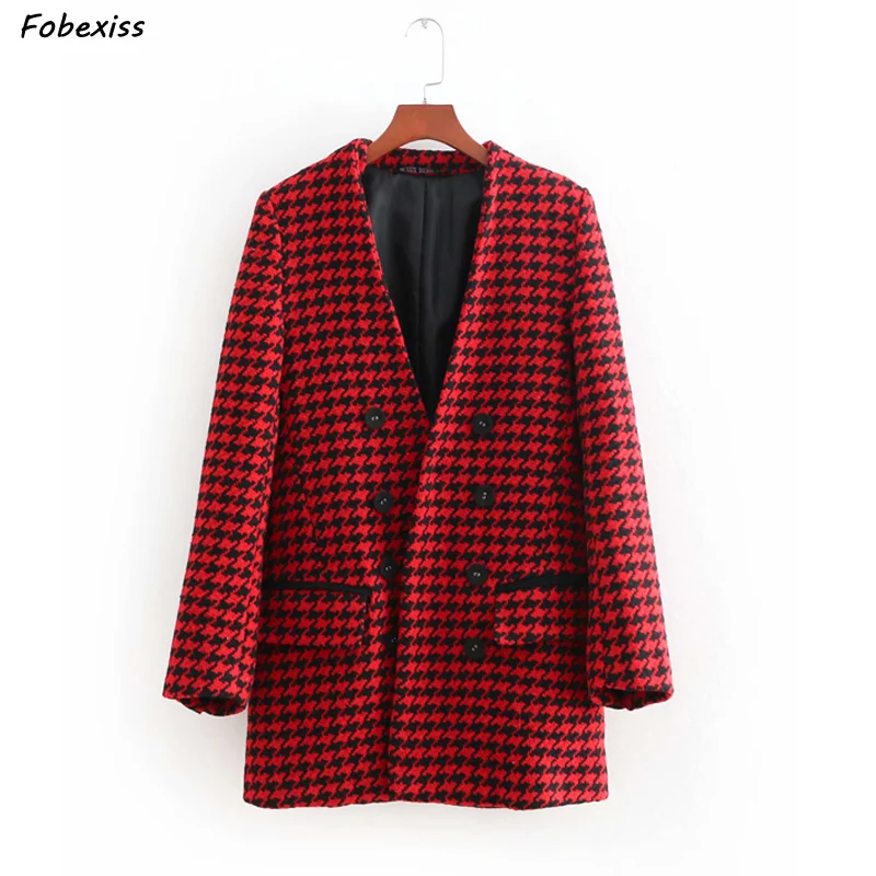 

Plaid Blazers Women 2019 Fall Winter New Long Sleeve With Pocket Double Breasted Women Blazers Elegant Plaid Jacket Office Lady