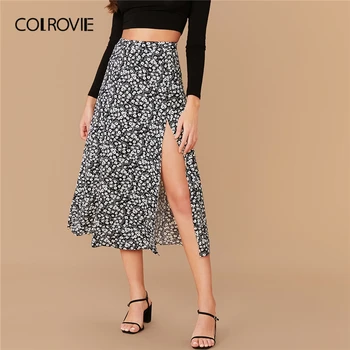 

COLROVIE Split Thigh Ditsy Floral Print Skirt Women High Waist Boho Skirt 2020 Spring Casual Ladies Sexy Long Skirts