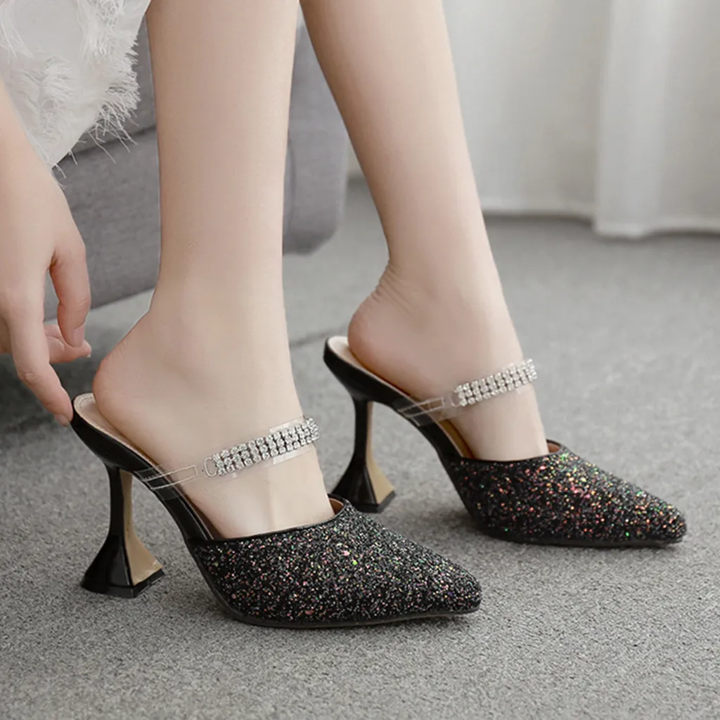 

Girl Shoes Shiny Strappy Sandals Hoof Heel Shoes Sexy Women Opinted Sandal Wedding Party Shoes Slip On Ladies Casual Sandals