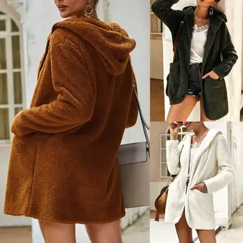 

Women's 2019 Autumn Solid Color Fluffy Fleece Front Open Coat Jacket With Pockets Hooded Oversized Casual Overcoat Outwear