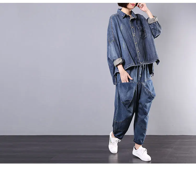 Spring Women Two Piece Outfits Jean Blouse Tops and Harem Trousers Sets Causal Shirts Denim Trousers Female Tracksuits AA280S30