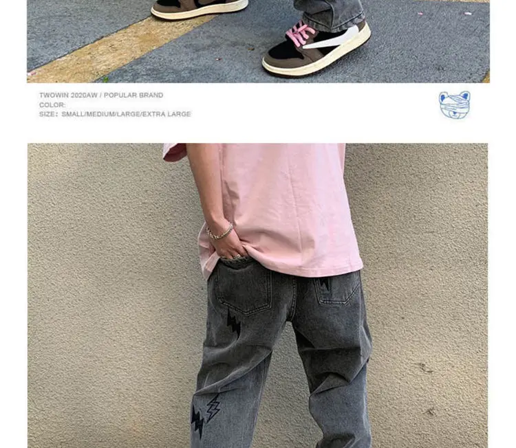 Description Picture 6 of itemWashed Vintage Black Jeans Men's Leather Embroidered Flash Jeans Mens and Womens Hip Hop High Street Straight Loose Baggy Pants