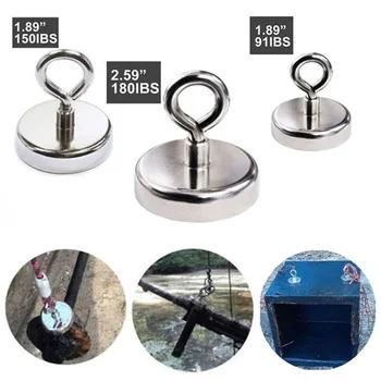 

4 Sizes Strong Powerful Round Neodymium Magnet hook salvage magnet sea Fishing equipment Holder Pulling Mounting Pot with ring