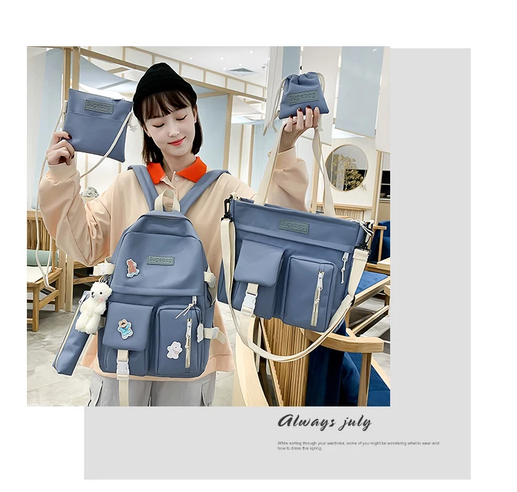 NEW 5 Piece Set backpacks fashion canvas kawaii female Korean Shoulder bag Casual College Students backpack School bag for girl