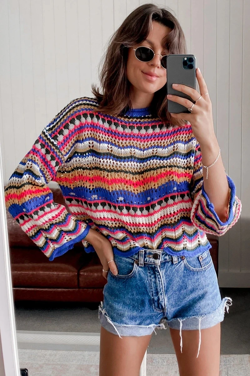 black sweater Rainbow Sweater Autumn Winter Women Casual Round Neck Long Sleeve Loose Pullovers Lady Fashion Patchwork Knitted Striped Sweater long cardigan