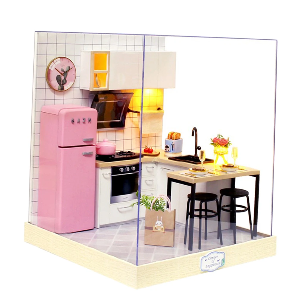1:24 Wooden Dollhouse Miniatures DIY Kitchen Kit with Dust Cover & LED Light