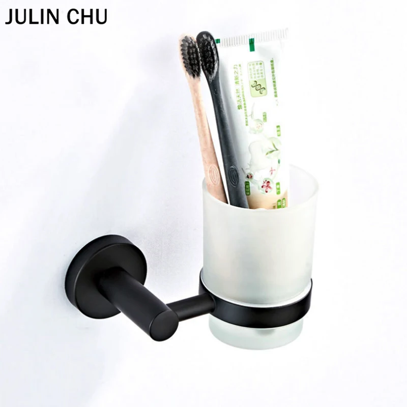 

Black Toothbrush Toothpaste Holder Copper Wall Mounted Brass Single Frosted Glass Cup Holders Bathroom Tumbler Rack Shelf