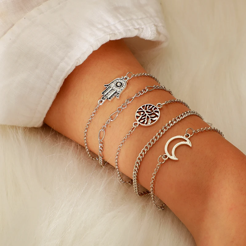 

Docona Vintage Silver Color Bohemia Moon Hand Round Tree Shape Design Bracelets For Women Female 5pcs/sets Bangles Jewelry 4176