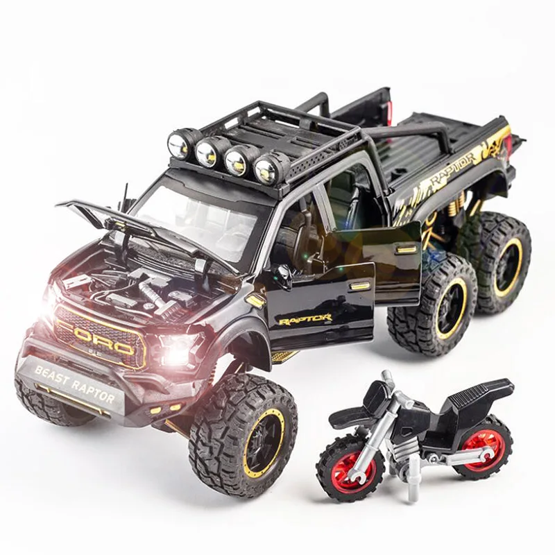 Alloy Car 1/28 Ford-Raptor F150 Pickup With Motorcycle Metal Car Model Children Sound And Light Toy Car Gifts Free Shipping