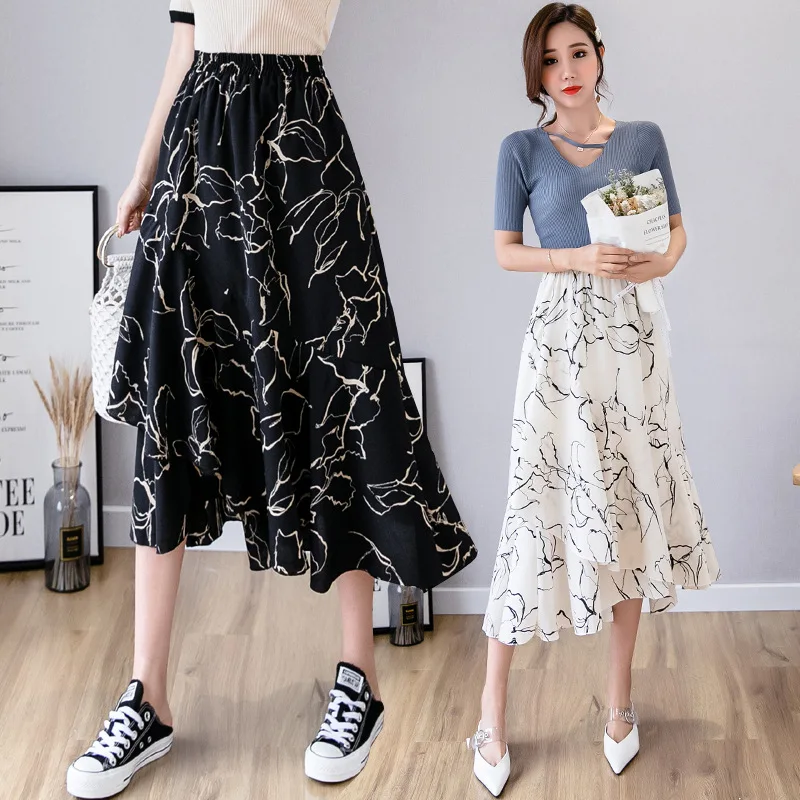 

Photo Shoot Summer 2019 New Style Korean-style Mid-length Printed Best Friend Chiffon Women's CHIC Slimming Irregular Lotus Leaf