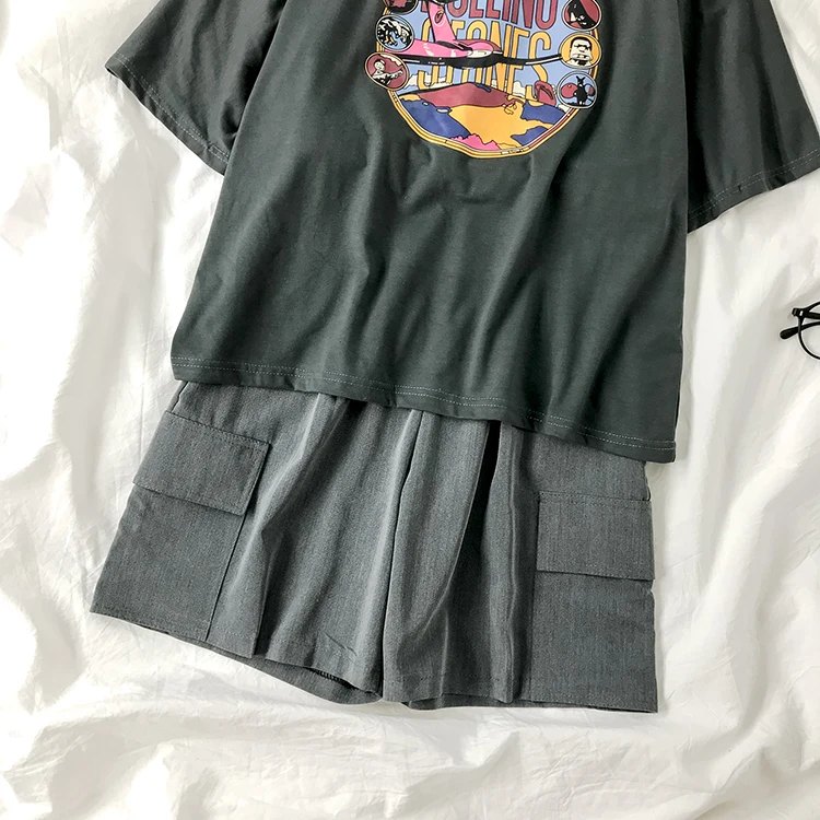 Harajuku Boyfriend Style Short Set Women Casual Short Sleeve Loose Overszie T-shirt + High Waist Wide Leg Short Matching Set