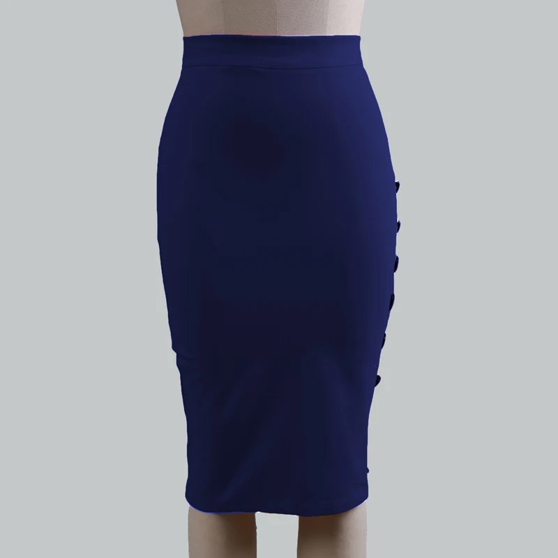 Женская офисная юбка OL, тонкая юбка-карандаш для женщин, высокая талия, боковая разрезная пуговица, сексуальная женская юбка, облегающая юбка, 5XL - Цвет: blue