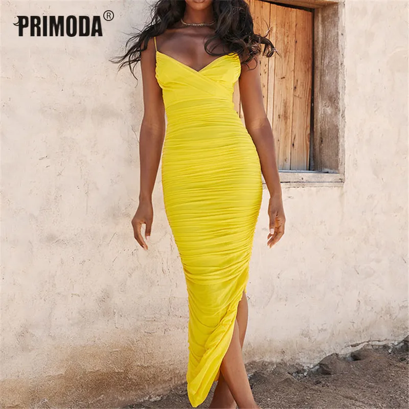 

Mesh Dress Women Party Night Club Elegant Straps Backeless Sexy V-neck Double Layer Wrinkled Bodycon Dress Outwear Split PR084G