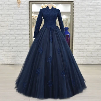 

2020 Navy Blue O Neck Lace Long Sleeve A Line Floor Length Elegant Muslim Evening Gown Prom Gown