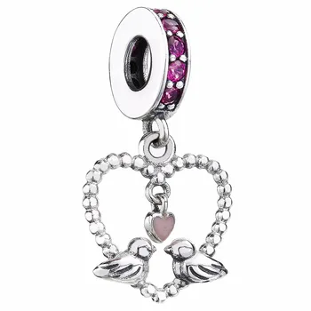 

New 925 Sterling Silver Bead Charm Cute Love Birds With Pink Love Heart Pendant Beads Fit Bracelet Diy Jewelry
