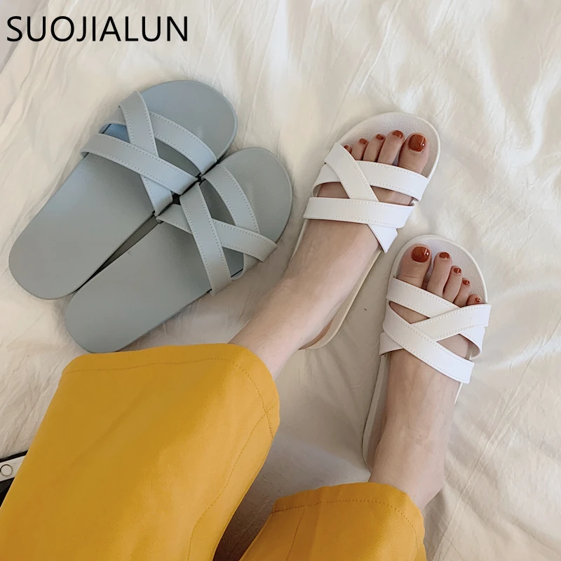 SUOJIALUN/женские летние тапочки; пляжные шлепанцы; шлепанцы без застежки; повседневные Нескользящие шлепанцы; сандалии для отпуска