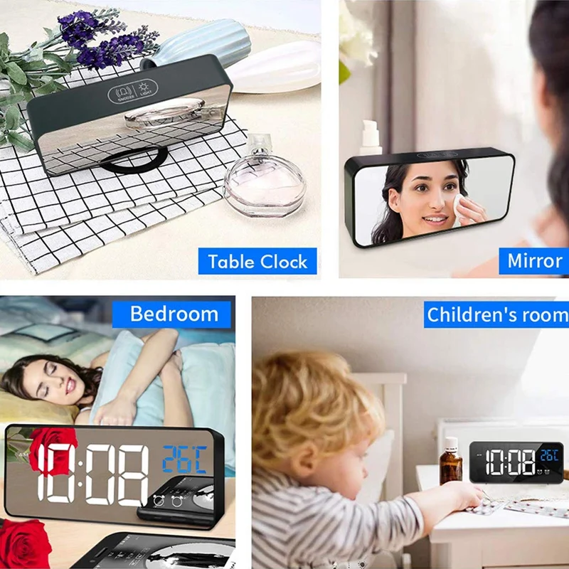 Цифровой будильник для спальни светодиодный дисплей с зарядным устройством USB порта, 12/24 ч, 2 будильника, датчик температуры, 0- яркость