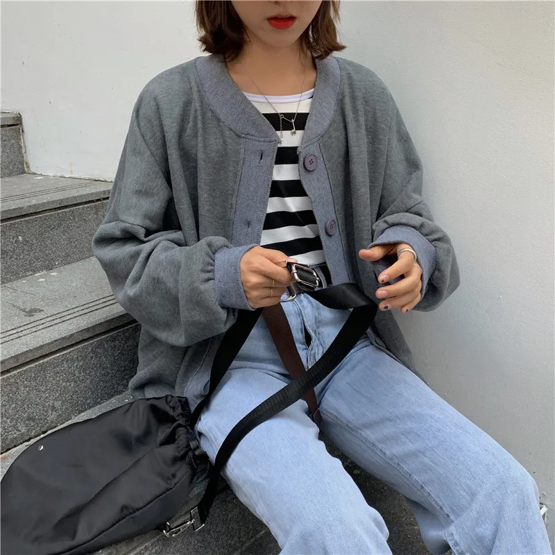Solid Color Cardigan Long Sleeve Woolen Jacket Women's Autumn New Style Korean-style Loose Casual Students Baseball Top