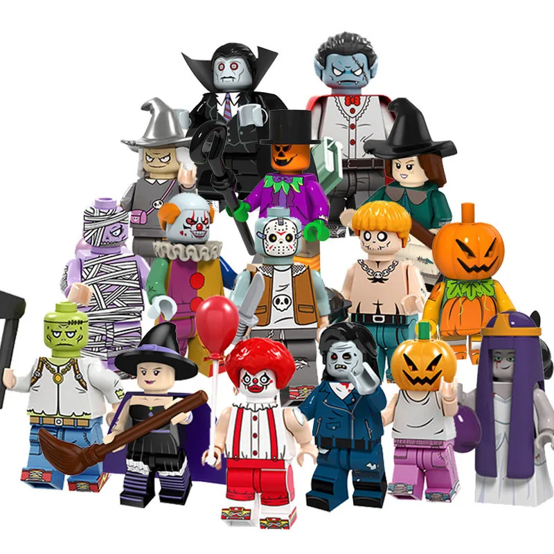 Ceny 16 sztuk zestaw Halloween Vampire Little Witch Clown dyniowy duch Zombie Moster klocki klocki kompatybilne Legoings Friends