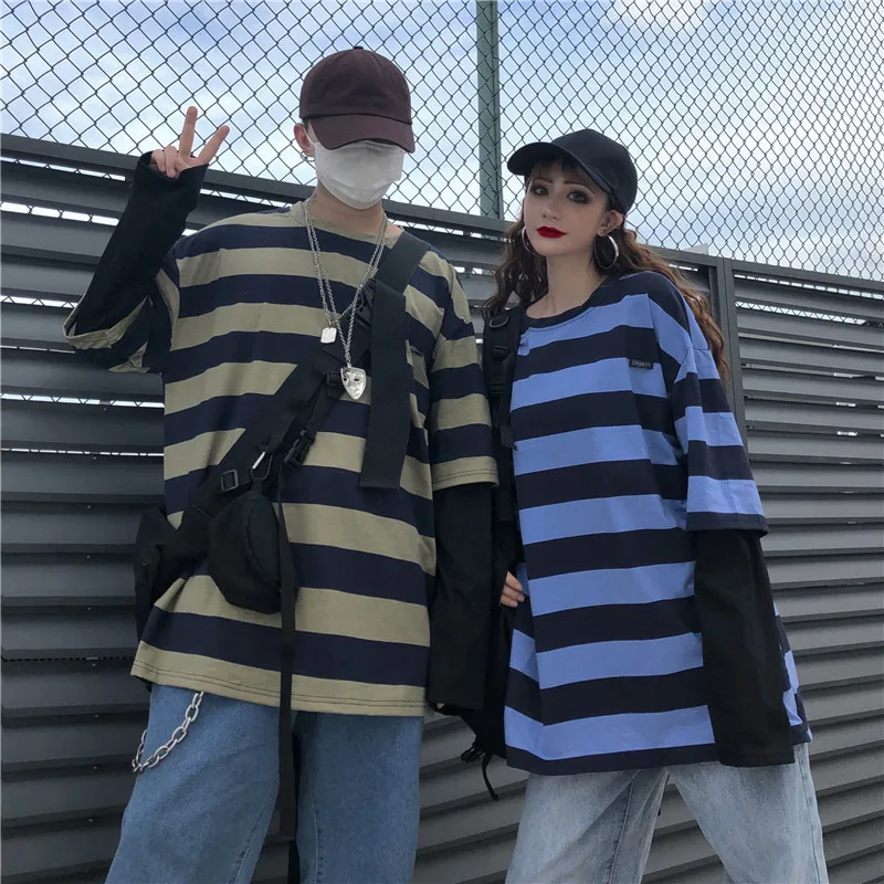 Woherb Harajuku футболка для женщин и мужчин в полоску Топы пэчворк Поддельные 2 шт. свободная футболка с длинным рукавом корейская модная футболка уличная одежда