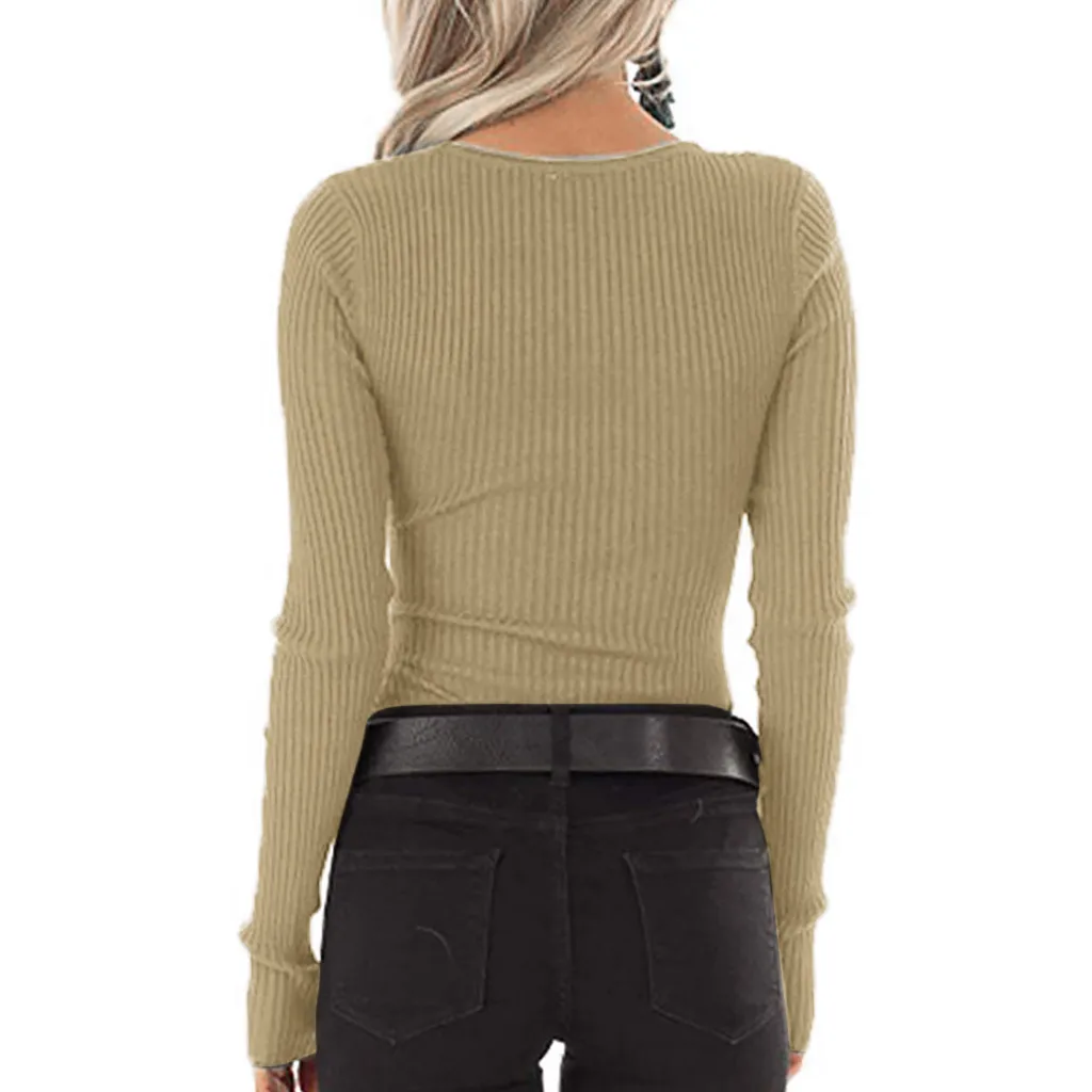 Autumn Spring Womens V Neck Shirts Long Sleeve Solid Button Down Slim Fit Basic T-shirts Tops Tees 2020 women fashion clothing