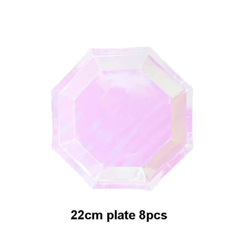 Rose Gold Disposable Tableware sets Paper Plates/cups/straws Iridescent Wedding Birthday Party Decor rainbow Dish Party Supplies - Цвет: 22cm plate 8pcs