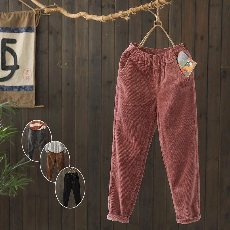 

S-3XL Corduroy Harem Pants Winter Autumn Women Elastic Waist Solid Plus Size Casual Full Length Trousers Fashion Loose
