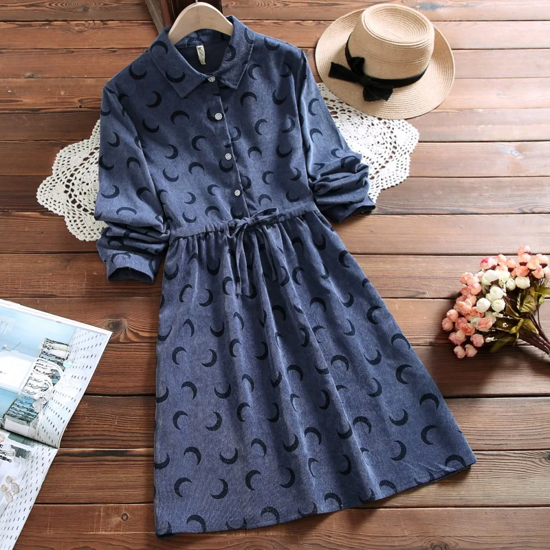 

2019 Japanese Mori Girl Autumn Women Elegant Dress Turn-Down Collar Moon Printed Lace Up Pink Dress Corduroy Vintage Dress
