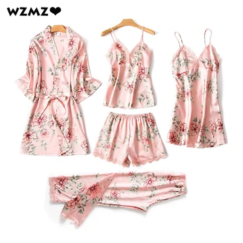 

5 Pcs Pajamas Set With Chest Pads Sexy Nightdress Polyester Women Pajamas Silk Nightgrown Summer Lace Patchwork Robe Sleepwear
