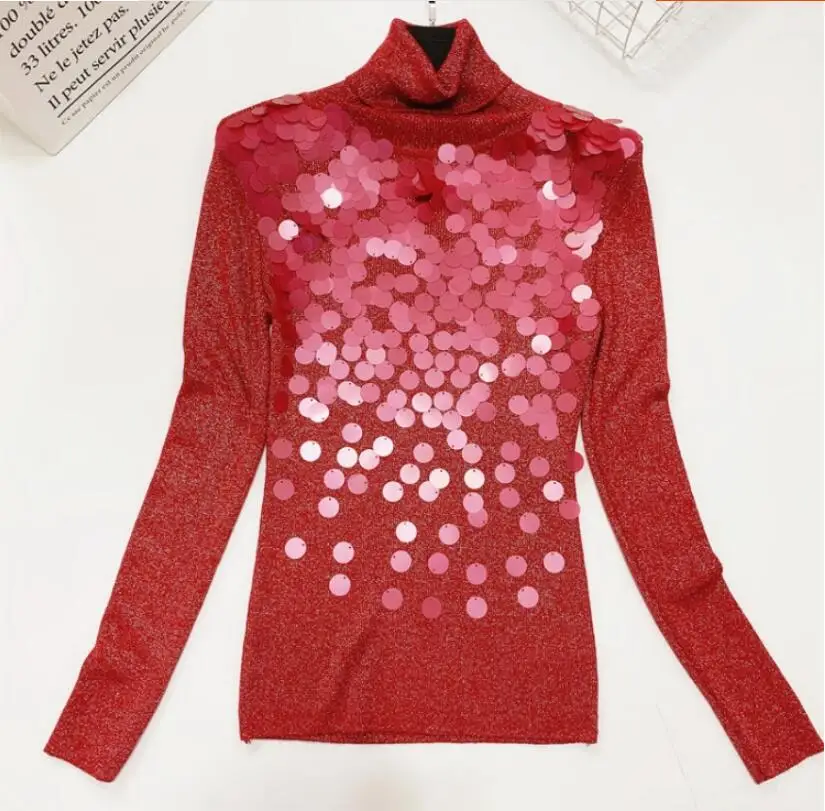 Водолазка SequinSweater Женская Осенняя зимняя одежда стрейч тонкий блесток пуловер свитер женский Высокий воротник вязаный Pull Femme - Цвет: Красный