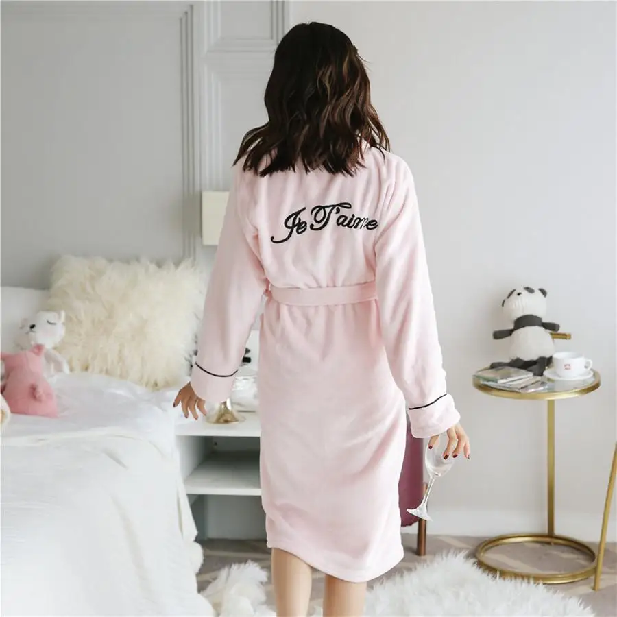 Осень Зима Теплый женский халат пижама коралловый флис Домашняя одежда короткий сексуальный толстый банный халат Фланелевое Ночное платье - Color: Pink