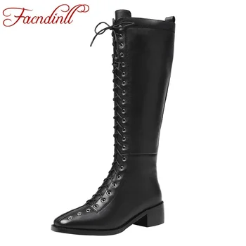 

FACNDINLL shoes 2020 fashion women winter warm snow boots genuine cow leather square toe shoes woman black rome knee high boots
