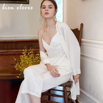 

Pajama Set For SPRING & FALL New Fashion Robe Pajamas Ladies Sleepwear Cardigan+Camisole+Pants Homewear Satin Silk Nightwear