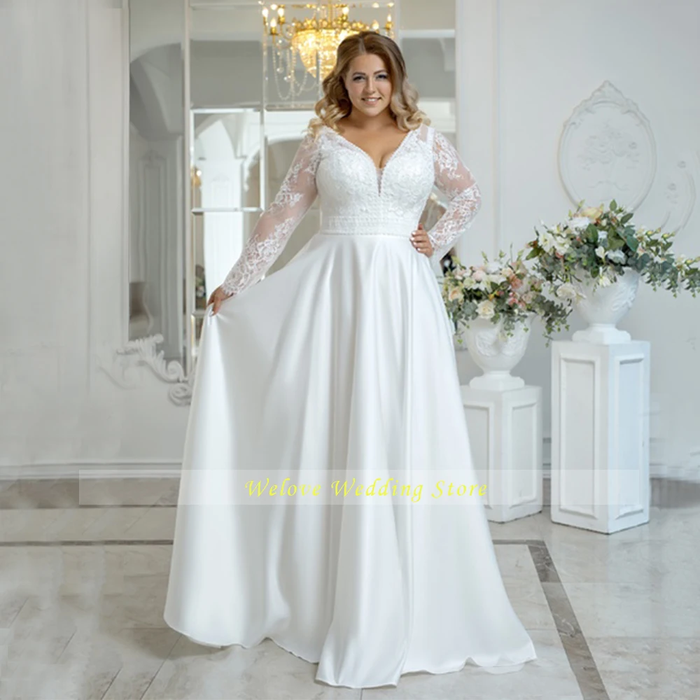 Plus Size Satin Wedding Dress Custom Civil White Bridal Gown With Lace Applique Long Sleeve V Neck Floor Length Свадебное платье lace wedding dress