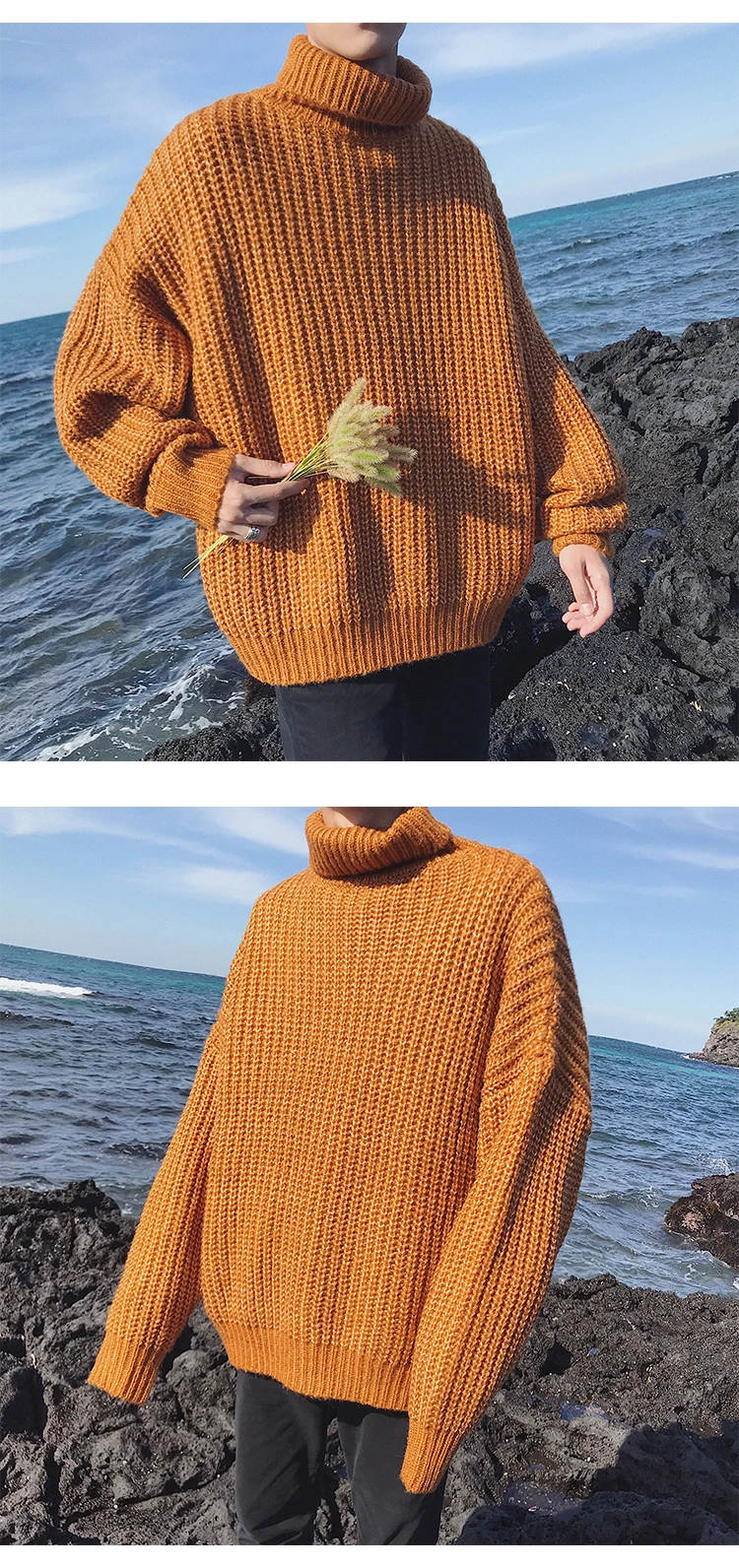 Winter New High Collar Sweater Men's Warm Fashion Solid Color Casual Knit Sweater Man Wild Loose Long Sleeve Pullover Men