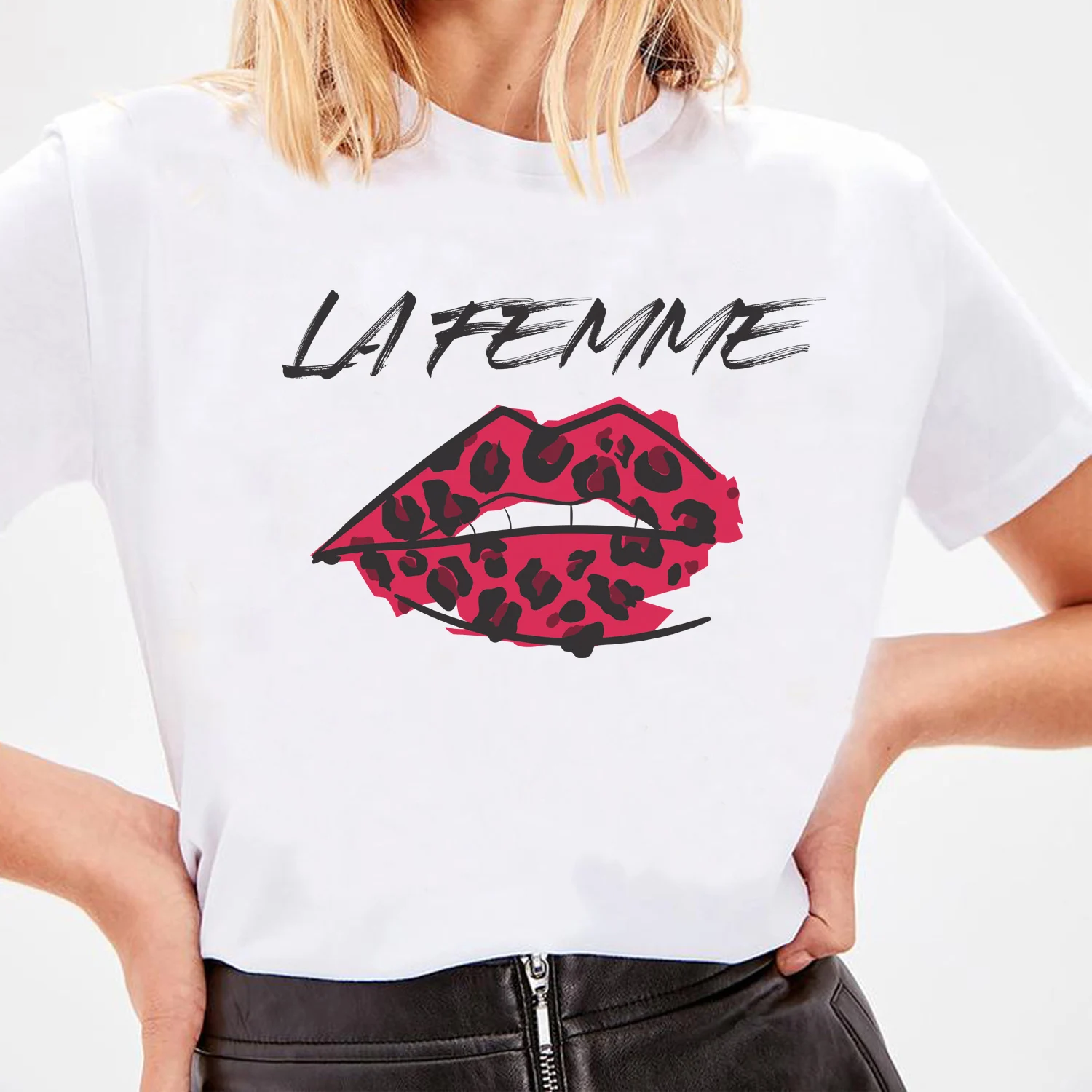 Women's Funny Mom Life Leopard Lips Graphic T-Shirt – Cute Letter Print Tee, Pink, Sizes S-2XL - View #7