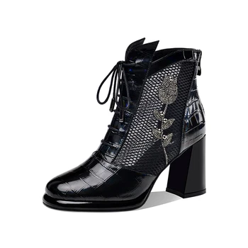 

Genuine Leather Mesh Ankle Boots Summer high heels Women boots lace up women Boots crystal Woman party wedding Shoes