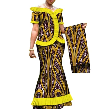 

Stock Size Low Price African Clothes Draped Tops and Skirt Sets with Head Wrap 3 Pieces for Women WY3171