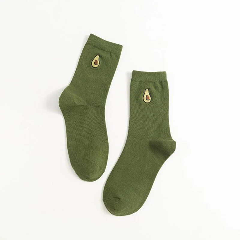 Tide models new fashion fruit embroidery solid color college wind ladies cotton socks - Цвет: Avocado