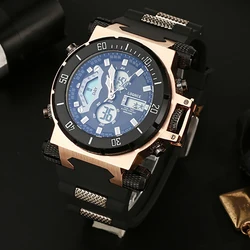 LOQNCE Relojes de pulsera informales de cuarzo para hombre, cronógrafo con correa de silicona, multifuncional, doble pantalla, resistente al agua, GMT, Week