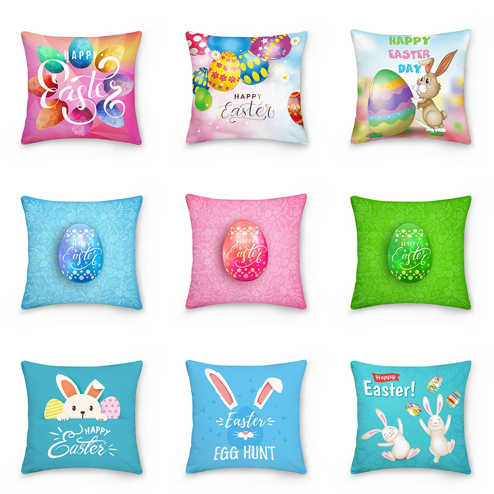 

45x45cm Happy Easter Rabbit Egg Pattern Pillowcase for Home Sofa Chair Car Waist Throw Cushion Cover Square Protective Cover
