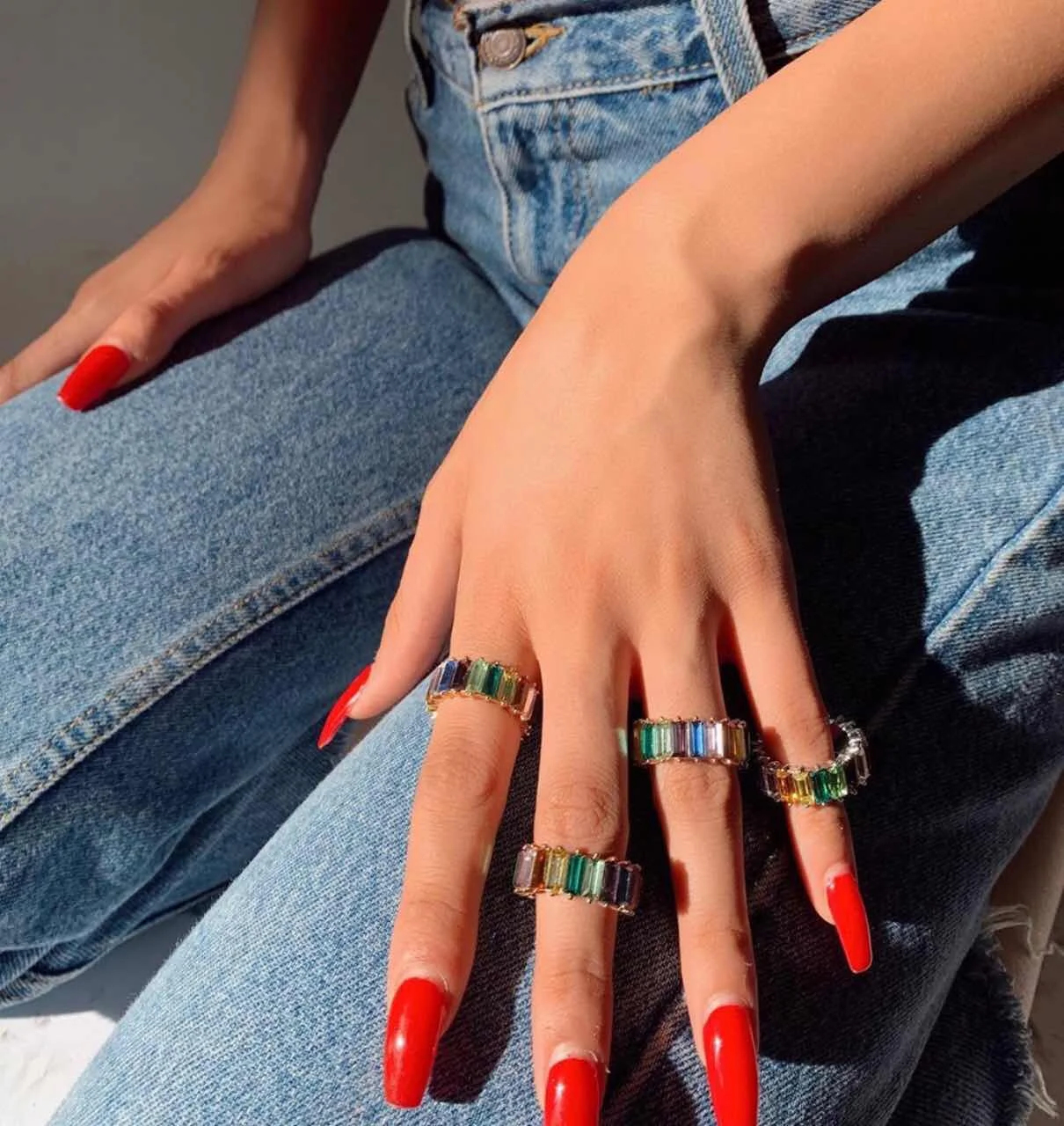 

JUST FEEL 2019 Hot Sale Rainbow Ring Thin Line Micro Pave Cz Eternity 10 Colors Stack Rainbow Shiny Cz Wedding Rings Accessories
