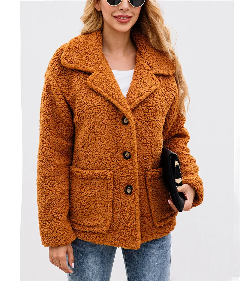 

Single Breast Fleece Jacket Warm Fluffy Long Sleeve Turn Down Collar Button Up Pockets Outerwear Women Winter Cardigan Coat
