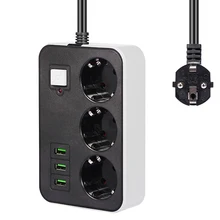 Regleta de Alimentación inteligente, enchufe de carga de 110-250V, 2500W, con 3 USB, 2 pines redondos, cable de extensión de enchufe EU y RUS, filtro de red