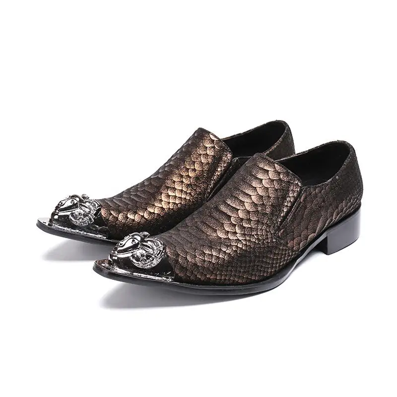 Snakeskin Printed Genuine Leather Men Shoes Iron-tipped Set Foot Casual Business Leather Shoes Low Heel Single Shoes Men - Цвет: Коричневый
