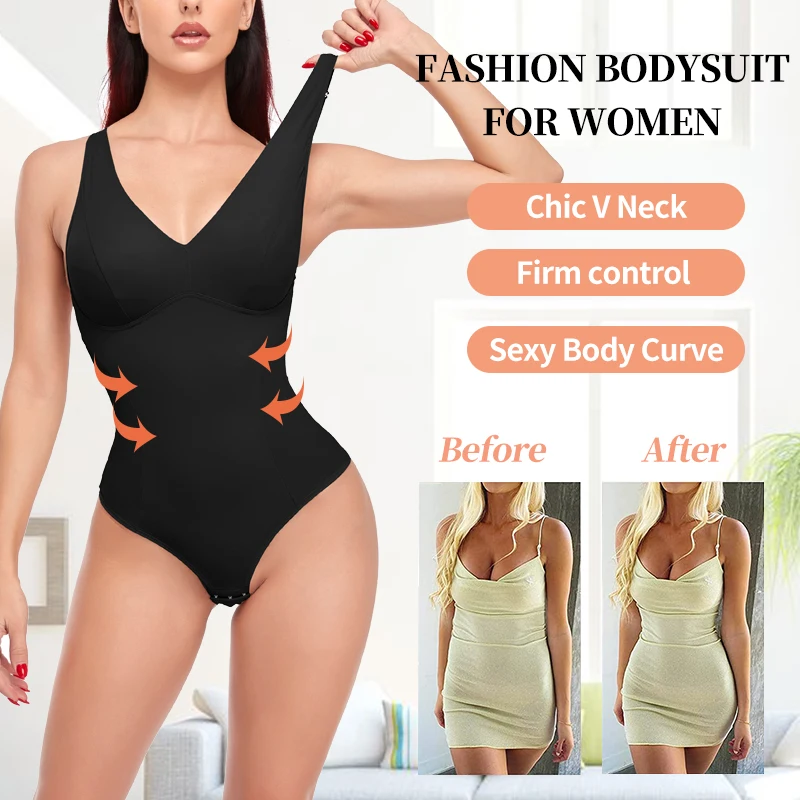 Bodysuit Shapewear Sexy Deep V-Neck Jumpsuit Top Body Shaper Slimming Underwear Thong Waist Trainer Women Padded Push Up Corset spanx bodysuit