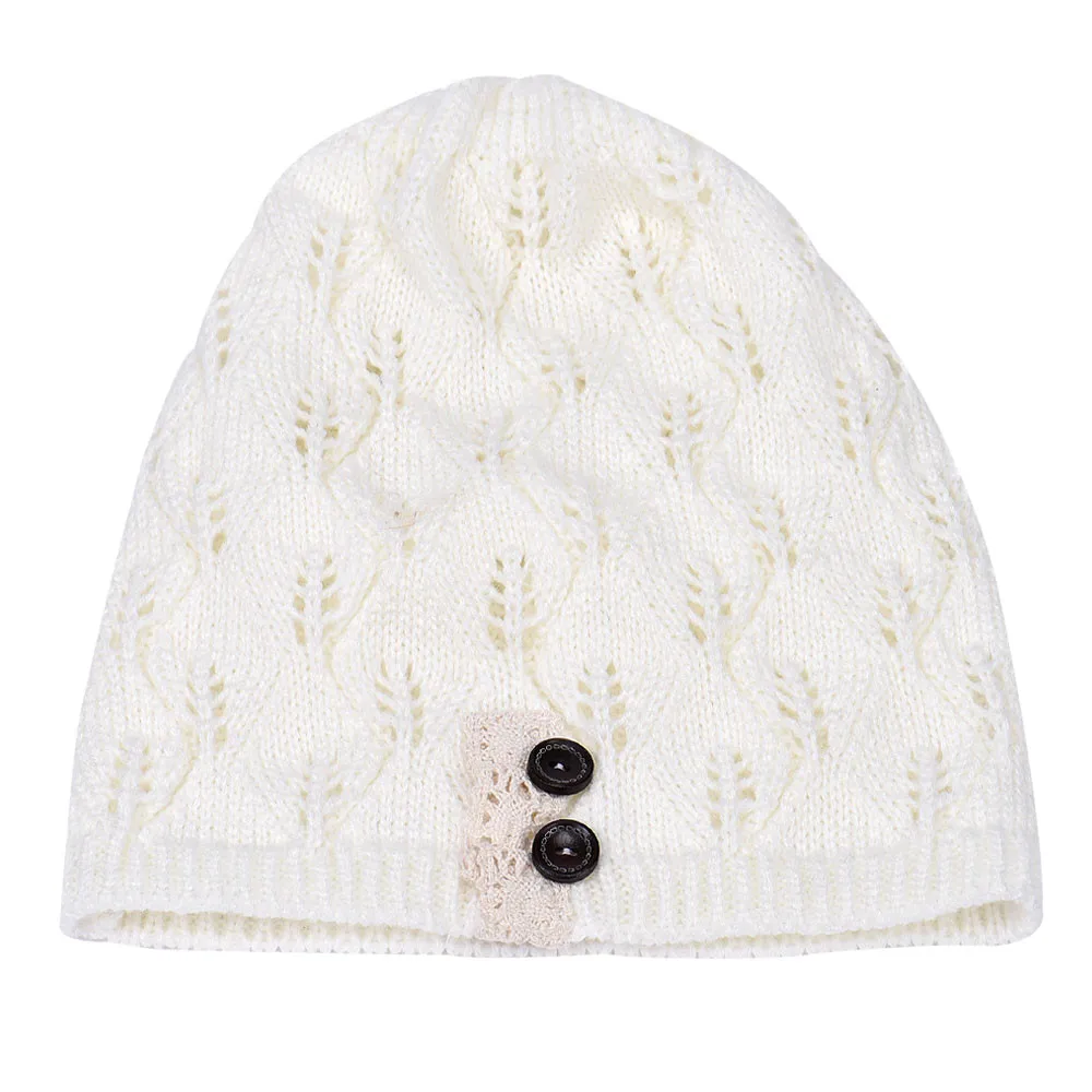 Модная кружевная вязаная шапка с узором в виде листьев и пуговиц, женская зимняя теплая тонкая громоздкая шапка вязаная шапка для девушек Sombrero YH - Цвет: White
